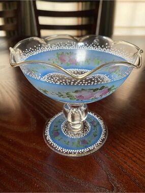 Vintage pedestal Blue Compote dish hand painted pink rose  ruffled rim